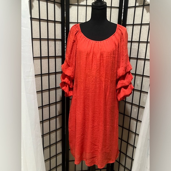 INDIGO ROSE DEEP CORAL OFF THE SHOULDER RUFFLED 3/4 SLEEVE DRESS SIZE 2X - Picture 8 of 11